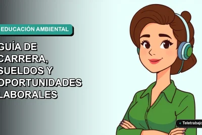 Ilustración plana de educadora ambiental chilena, estilo corporativo moderno, con fondo degradado azul verdoso.