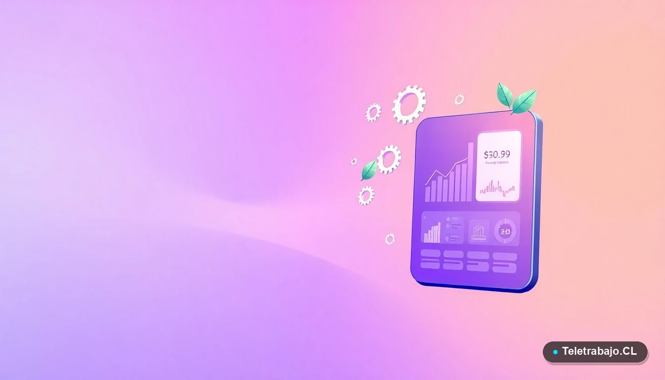 Elementos gráficos abstractos de interfaz de usuario con gráficos y engranajes, representando datos y tecnología ambiental, fondo degradado lila.