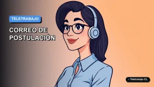 Ilustración vectorial plana de estilo premium de una profesional chilena trabajando remotamente en su computador, con fondo degradado azul.