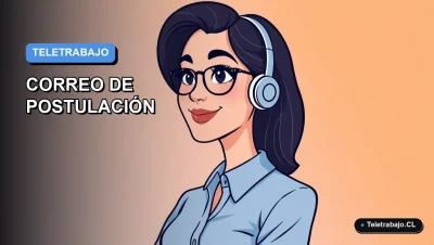 Ilustración vectorial plana de estilo premium de una profesional chilena trabajando remotamente en su computador, con fondo degradado azul.