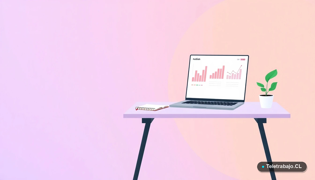 Escritorio moderno minimalista con laptop, gráficos abstractos, taza de café y planta, ilustración plana vectorial sobre fondo degradado lavanda.