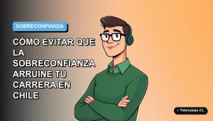 Ilustración vectorial plana de un trabajador masculino de oficina con expresión de excesiva confianza, sobre un fondo degradado azul y blanco. Representa el efecto Dunning-Kruger en el entorno laboral chileno.