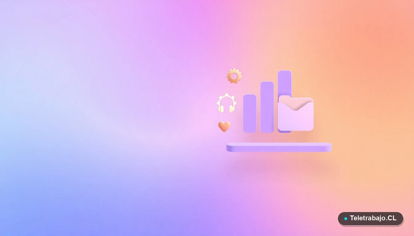 Composición abstracta de interfaz de usuario con gráficos flotantes y iconos minimalistas en tonos lavanda y durazno, sobre fondo degradado.