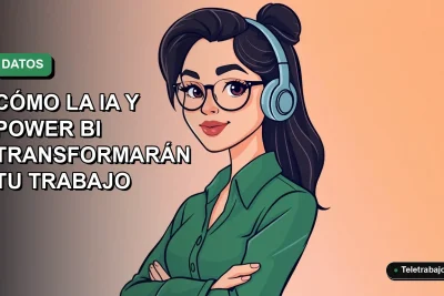 Ilustración vectorial plana de una mujer profesional chilena sonriendo, con blusa verde, frente a un fondo con gradiente suave de azul a verde menta. Representa el futuro del trabajo con Excel y Power BI en Chile 2026.