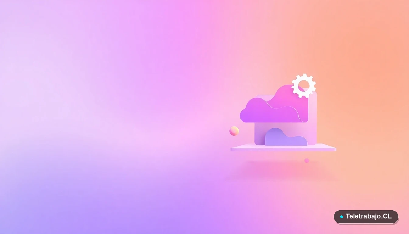 Interfaz de usuario abstracta con gráficos flotantes e iconos de engranaje en tonos lavanda y durazno, sobre un fondo con gradiente, representando la tecnología de IA y BI.