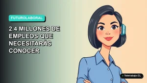 Ilustración plana vectorial de una mujer profesional chilena con blusa azul y corte bob, representando el futuro del trabajo remoto, sobre fondo degradado teal.