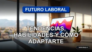 Imagen conceptual del futuro del trabajo en Chile 2026, mostrando un escritorio moderno de home office con laptop y elementos de diseño.