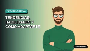Ilustración vectorial plana de un hombre profesional chileno trabajando de forma remota, con fondo degradado de color verde azulado.