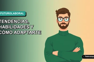 Ilustración vectorial plana de un hombre profesional chileno trabajando de forma remota, con fondo degradado de color verde azulado.