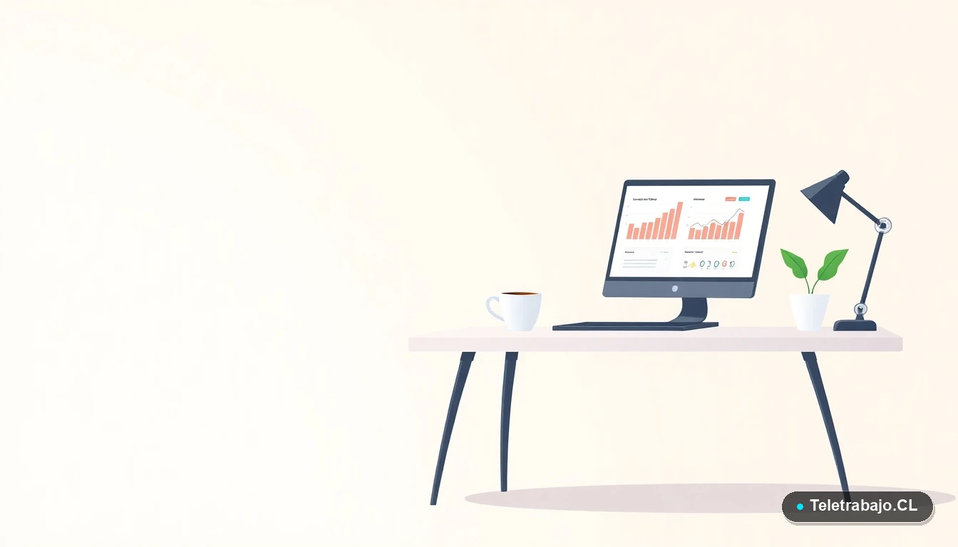 Escritorio moderno y minimalista para teletrabajo, con laptop, gráficos digitales, una taza de café y una planta, sobre un fondo degradado color menta.