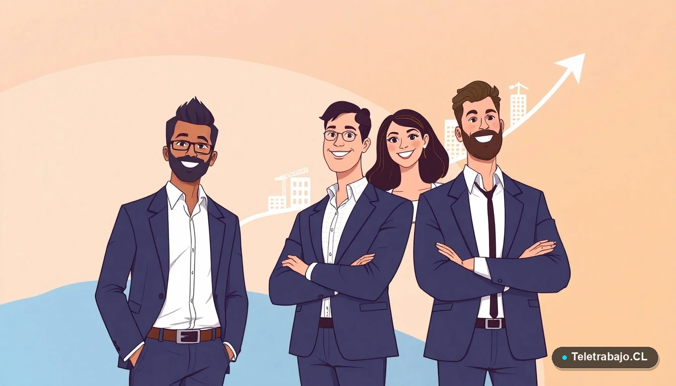 Ilustración vectorial de profesionales chilenos frente a una gráfica de crecimiento del empleo en alza, representando el récord de ofertas laborales.