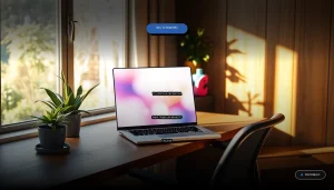 Un escritorio de oficina en casa moderno y acogedor con portátil, silla ergonómica y plantas, que simboliza el teletrabajo potenciado por el multilingüismo.