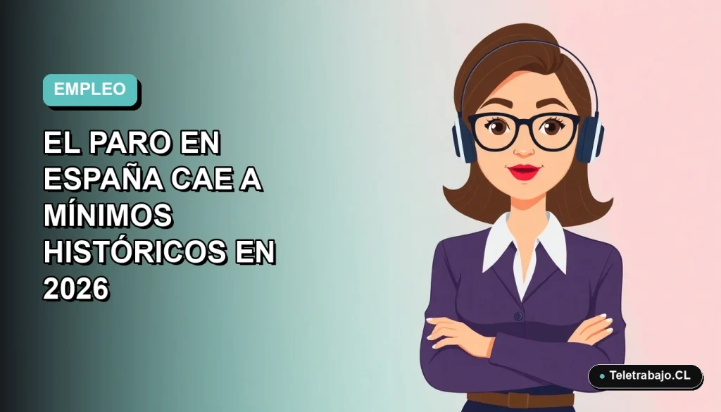 Ilustración vectorial plana de una mujer profesional trabajando remotamente, con fondo degradado azul verdoso. El paro en España alcanza un mínimo histórico.