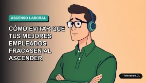 Ilustración vectorial plana estilo Corporate Memphis de un trabajador masculino con suéter verde y camisa, sobre fondo degradado azul y verde, representando el desafío del ascenso laboral en Chile.