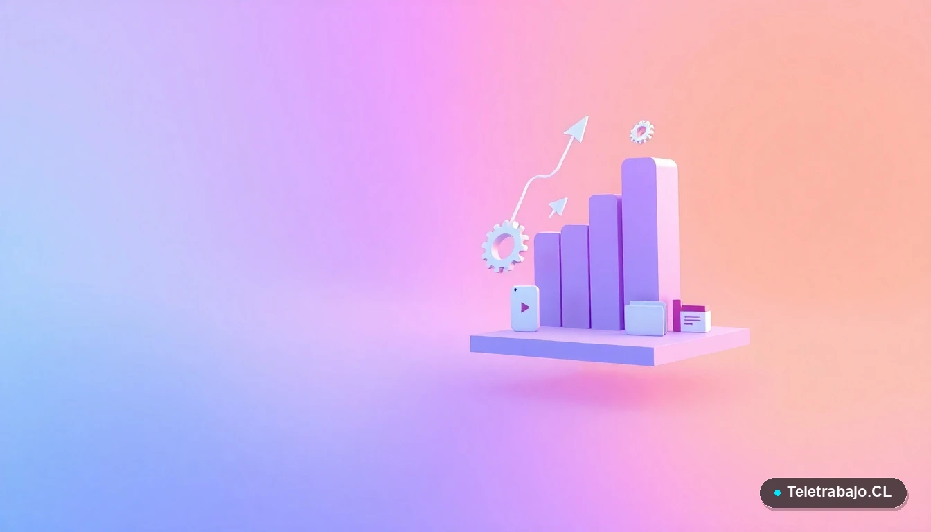 Elementos de interfaz de usuario abstractos y minimalistas: gráficos flotantes, engranajes y carpetas, sobre un fondo degradado lila y durazno, simbolizando datos y procesos corporativos.