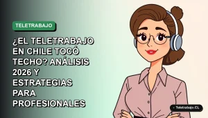 Ilustración plana corporativa de una mujer profesional chilena trabajando remotamente, estilo Memphis, sobre fondo degradado verde.
