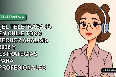Ilustración plana corporativa de una mujer profesional chilena trabajando remotamente, estilo Memphis, sobre fondo degradado verde.