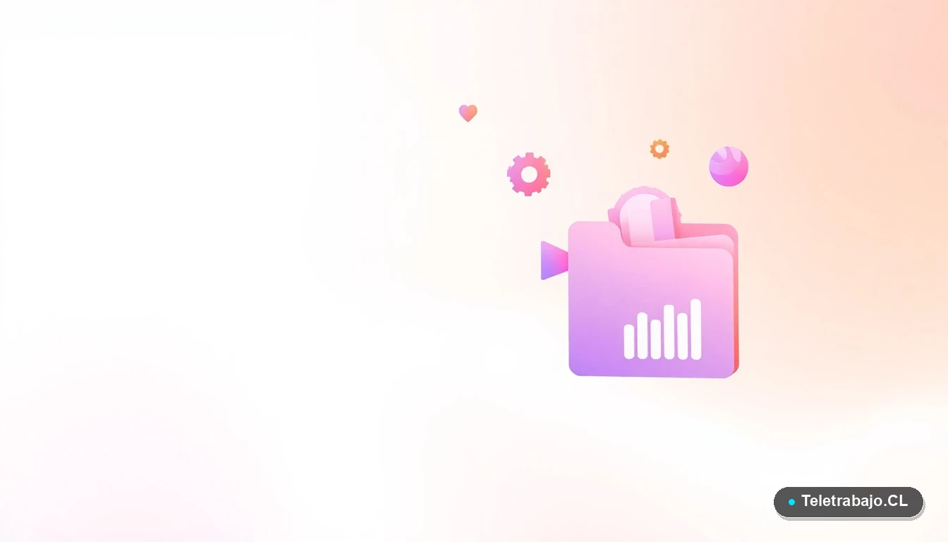 Elementos de interfaz de usuario abstractos y gráficos flotantes en tonos lavanda y durazno, representando datos y productividad en el teletrabajo.