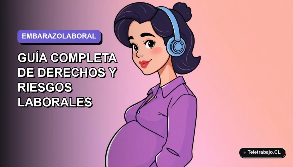 Ilustración vectorial plana de una mujer trabajadora remota embarazada, con fondo degradado lavanda, sobre derechos laborales en Chile.