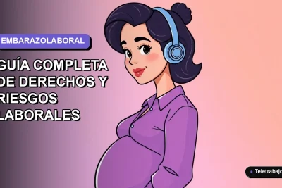 Ilustración vectorial plana de una mujer trabajadora remota embarazada, con fondo degradado lavanda, sobre derechos laborales en Chile.