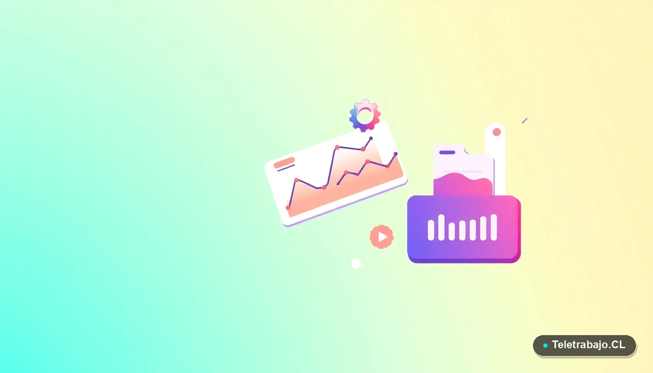 Elementos de interfaz de usuario abstractos y modernos, como gráficos y engranajes, sobre fondo degradado verde menta, representando conceptos laborales y tecnológicos.