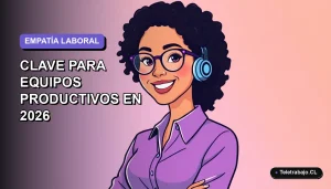 Ilustración plana corporativa de una mujer profesional de teletrabajo sonriente, con fondo degradado lavanda suave. Espacio negativo a la izquierda.
