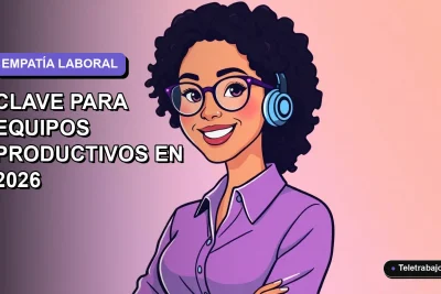 Ilustración plana corporativa de una mujer profesional de teletrabajo sonriente, con fondo degradado lavanda suave. Espacio negativo a la izquierda.