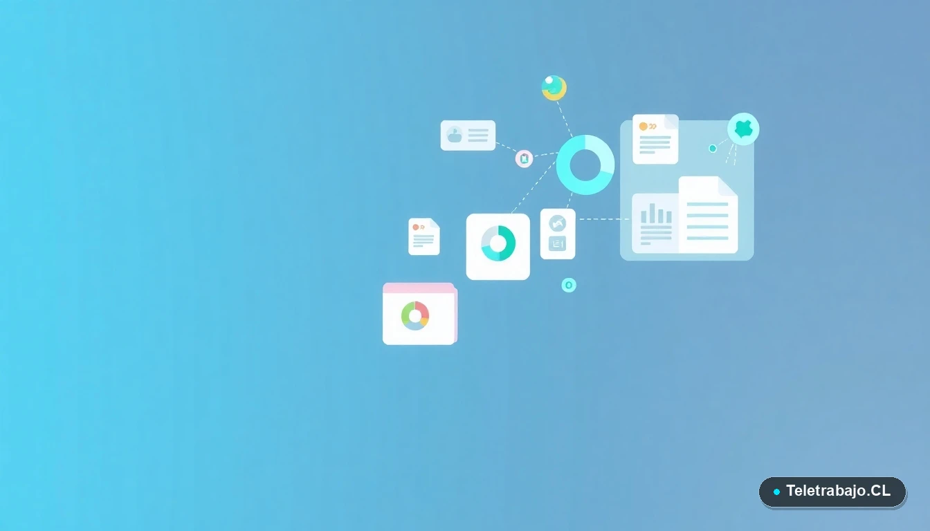 Interfaz de usuario abstracta con gráficos y carpetas flotantes en colores verde azulado, sobre fondo degradado azul grisáceo. Ilustración plana de estilo corporativo moderno.