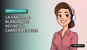 Ilustración vectorial plana de una trabajadora remota chilena sonriente, con fondo degradado azul verdoso, representando la empatía en el entorno laboral tecnológico.