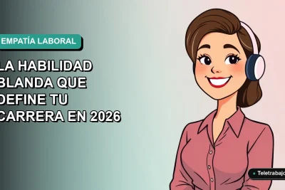 Ilustración vectorial plana de una trabajadora remota chilena sonriente, con fondo degradado azul verdoso, representando la empatía en el entorno laboral tecnológico.