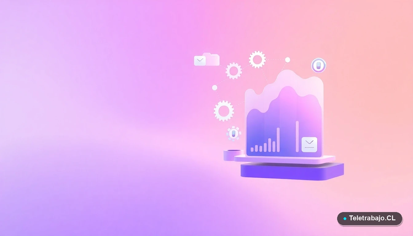 Elementos de interfaz de usuario abstractos y minimalistas, como gráficos y engranajes flotantes, sobre un fondo degradado lila, concepto de tecnología y datos.