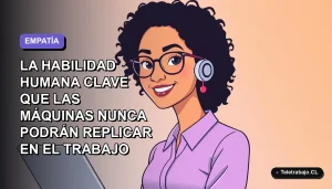 Ilustración plana vectorial de una trabajadora remota sonriente con expresión empática, sobre un fondo degradado suave de color lavanda y azul. Espacio negativo a la izquierda.