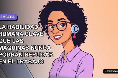 Ilustración plana vectorial de una trabajadora remota sonriente con expresión empática, sobre un fondo degradado suave de color lavanda y azul. Espacio negativo a la izquierda.