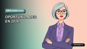 Ilustración plana corporativa de una mujer profesional mayor de 50 años, con expresión confiada, sobre fondo degradado suave. Espacio negativo a la izquierda.