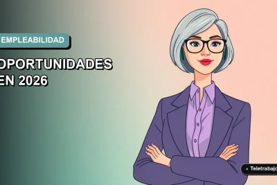 Ilustración plana corporativa de una mujer profesional mayor de 50 años, con expresión confiada, sobre fondo degradado suave. Espacio negativo a la izquierda.