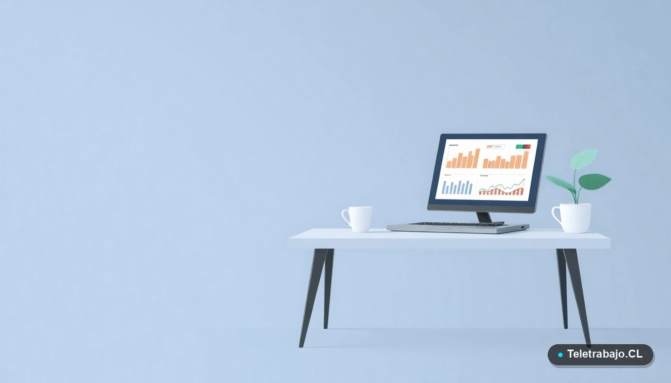 Escritorio moderno minimalista vacío con laptop, gráficos abstractos, planta y taza de café, sobre fondo degradado azul, representando un espacio de trabajo profesional.