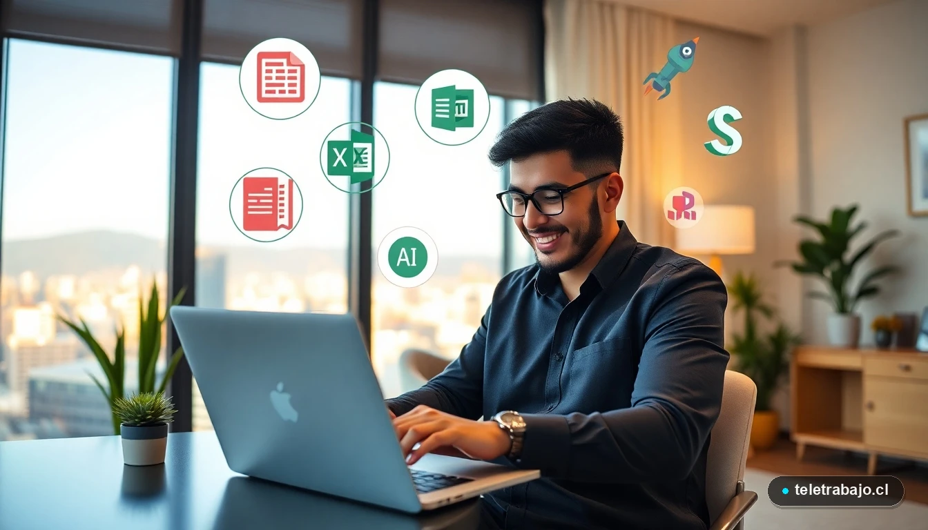 Profesional chileno desarrollando habilidades de empleabilidad digital en un entorno de teletrabajo moderno