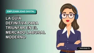 Ilustración plana corporativa de una mujer profesional chilena trabajando de forma remota, con un fondo de gradiente azul y verde, representando el futuro del trabajo digital.