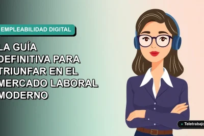 Ilustración plana corporativa de una mujer profesional chilena trabajando de forma remota, con un fondo de gradiente azul y verde, representando el futuro del trabajo digital.