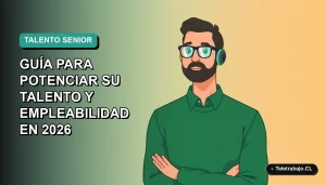 Ilustración plana corporativa de un trabajador senior masculino en Chile, con fondo degradado azul verdoso, representando empleabilidad y desarrollo profesional para 2026.