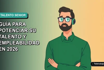 Ilustración plana corporativa de un trabajador senior masculino en Chile, con fondo degradado azul verdoso, representando empleabilidad y desarrollo profesional para 2026.