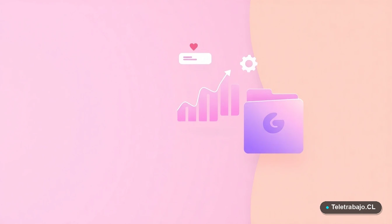 Elementos de interfaz de usuario abstractos y modernos, como gráficos y engranajes flotantes, sobre fondo degradado melocotón, simbolizando innovación y habilidades tecnológicas para profesionales.