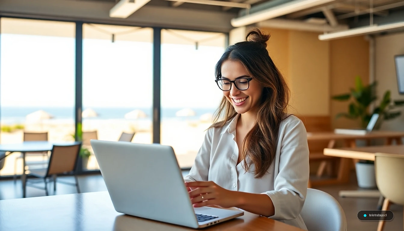 Mujer profesional buscando ofertas de empleo de verano en un espacio de trabajo moderno