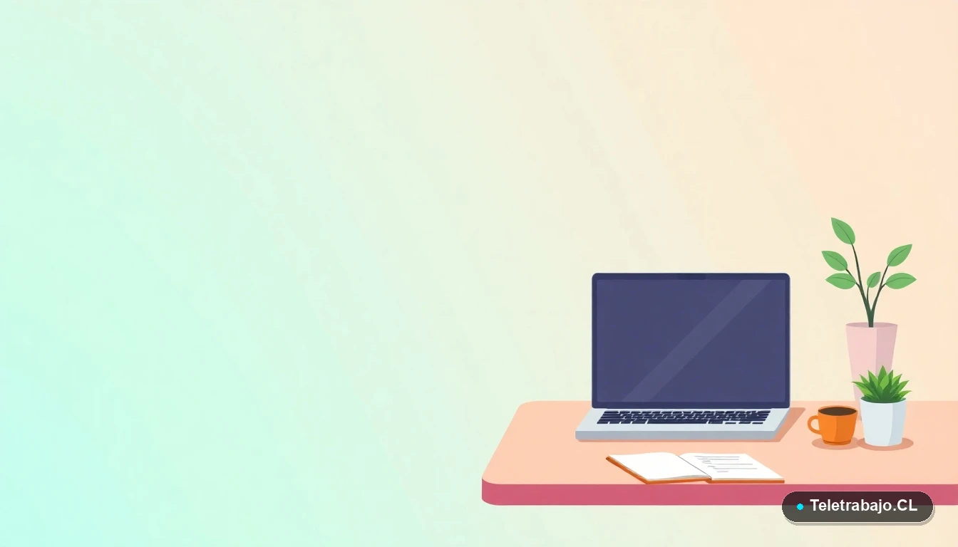 Escritorio moderno minimalista para teletrabajo con laptop y planta, ilustración plana vectorial sobre fondo degradado de tonos azul verdoso.