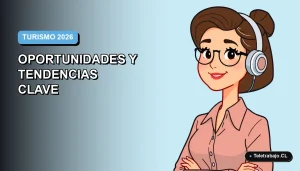 Ilustración vectorial plana de una mujer profesional trabajando de forma remota en el sector turístico, con fondo degradado azul.