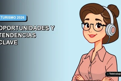 Ilustración vectorial plana de una mujer profesional trabajando de forma remota en el sector turístico, con fondo degradado azul.