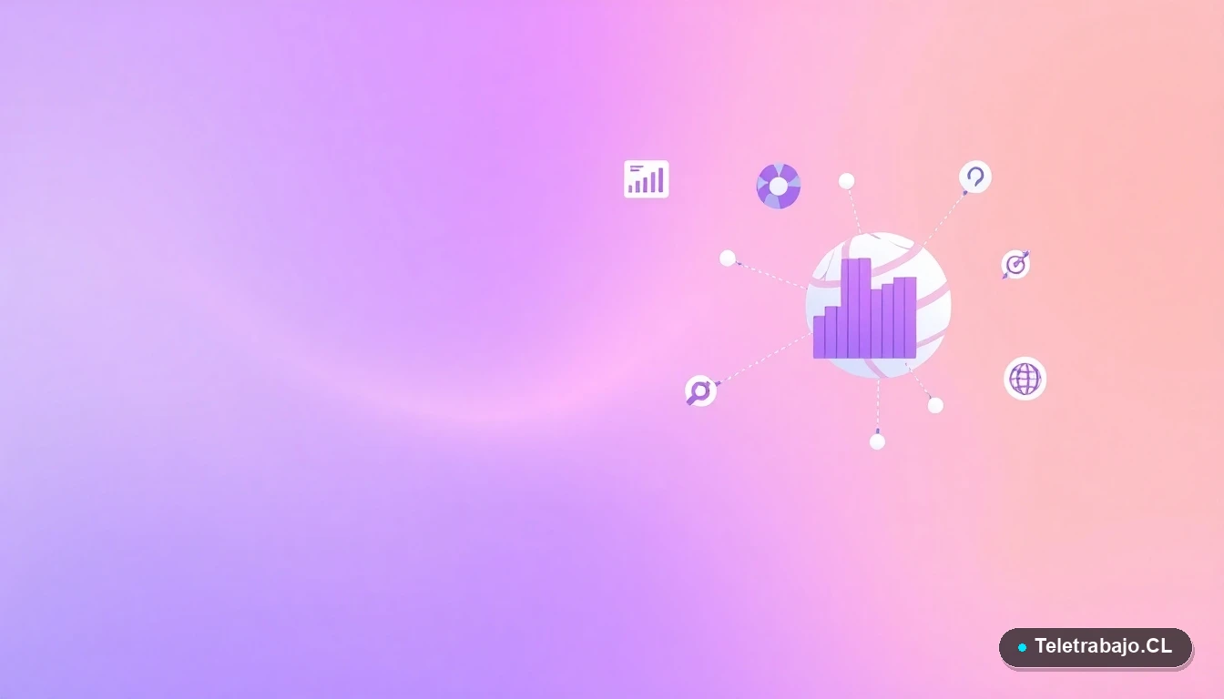 Elementos de interfaz de usuario abstractos y gráficos flotantes que representan datos y tendencias, sobre fondo degradado lila.