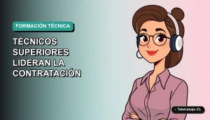 Ilustración vectorial plana de una mujer profesional de teletrabajo, con fondo degradado azul verdoso, representando el liderazgo en contratación de Técnicos Superiores para 2026.
