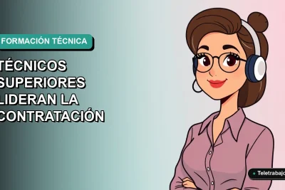 Ilustración vectorial plana de una mujer profesional de teletrabajo, con fondo degradado azul verdoso, representando el liderazgo en contratación de Técnicos Superiores para 2026.