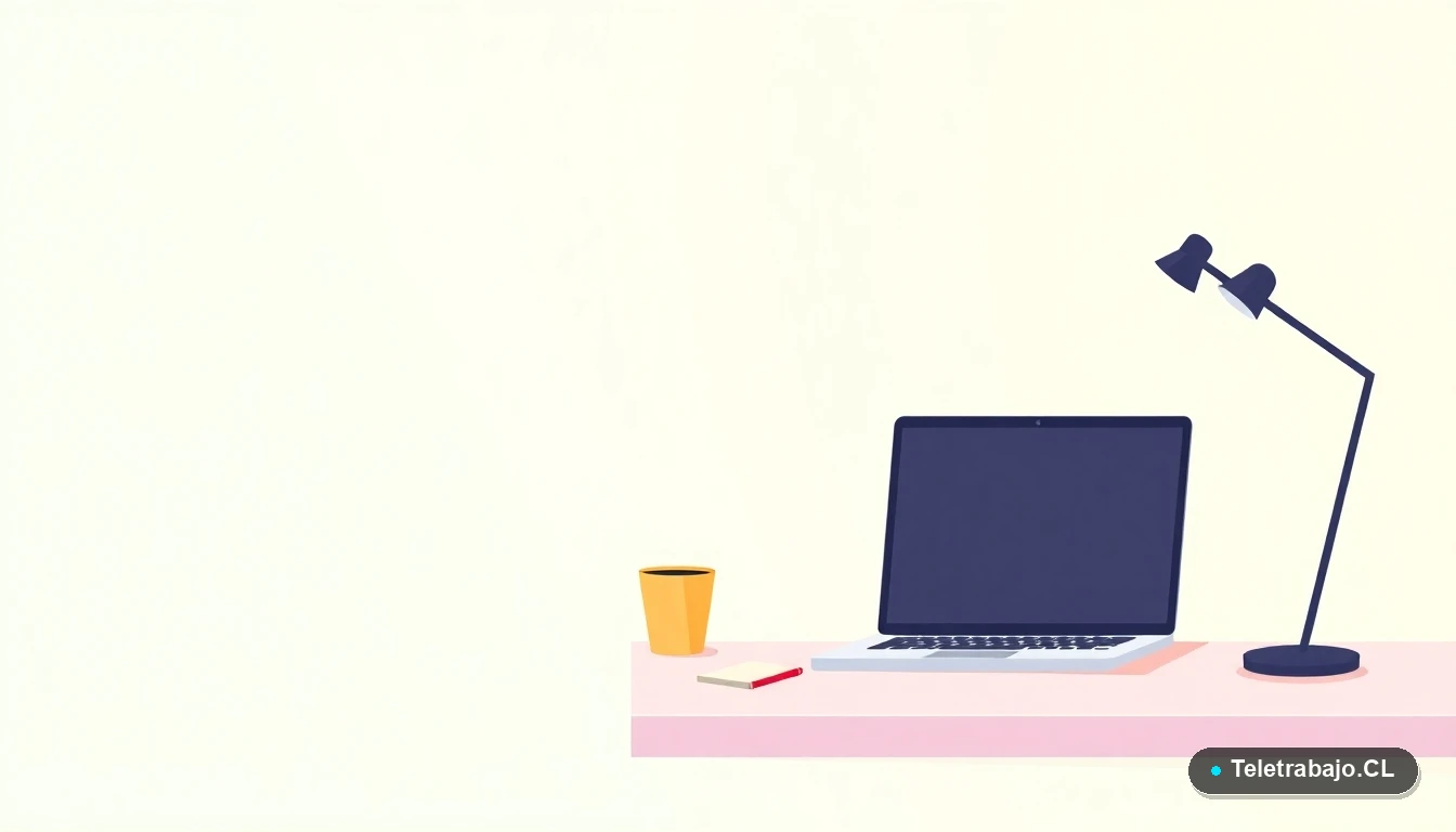 Escritorio moderno minimalista para teletrabajo con laptop y planta, ilustración vectorial plana sobre fondo degradado verde menta, simbolizando el entorno laboral de los Técnicos Superiores.
